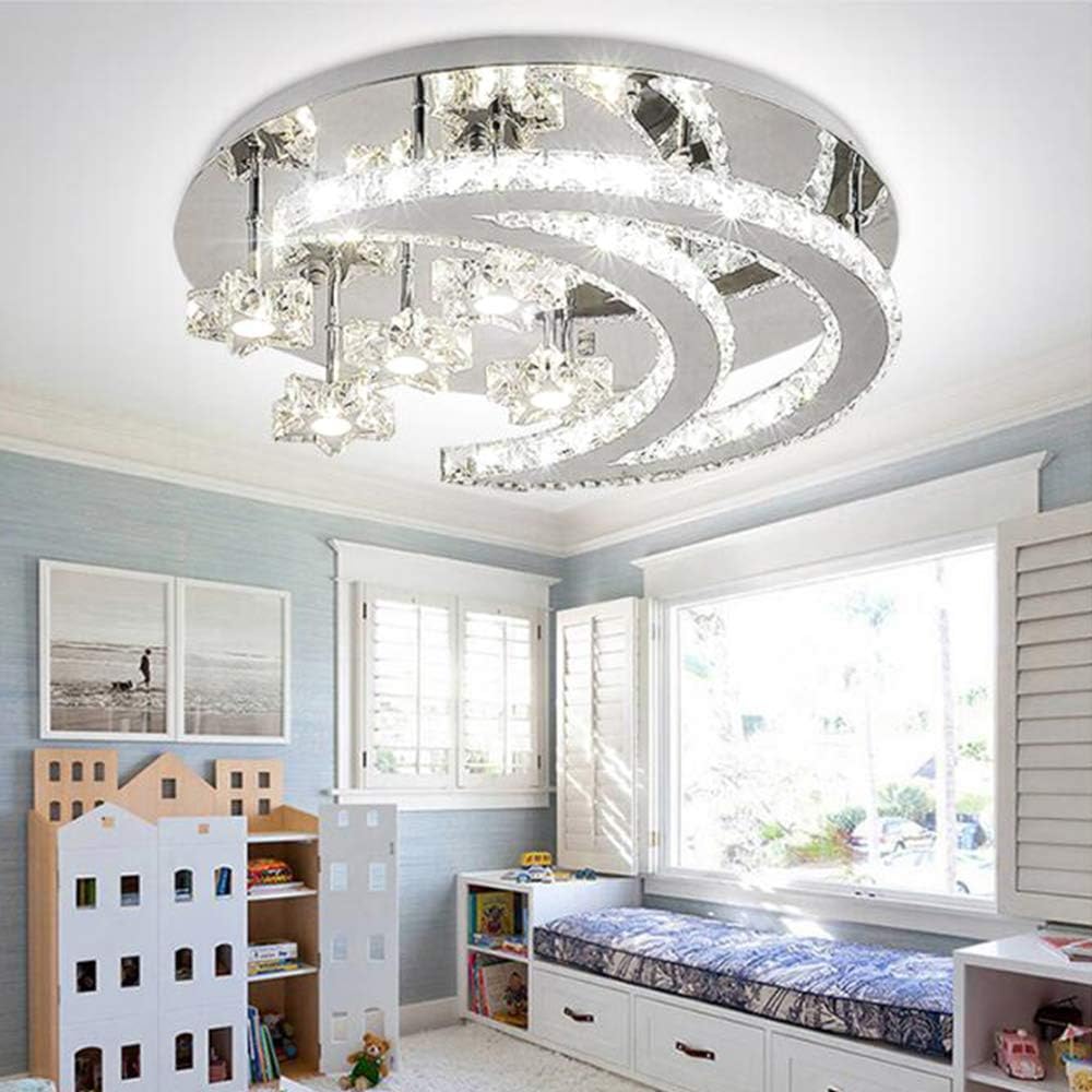 Modern Crystal Dimmable Ceiling Light with Stars and Moon Chandelier Remote Controlled for Living Room Bedroom Dining Room Corridor Balcony Indoor Lighting Spotlight