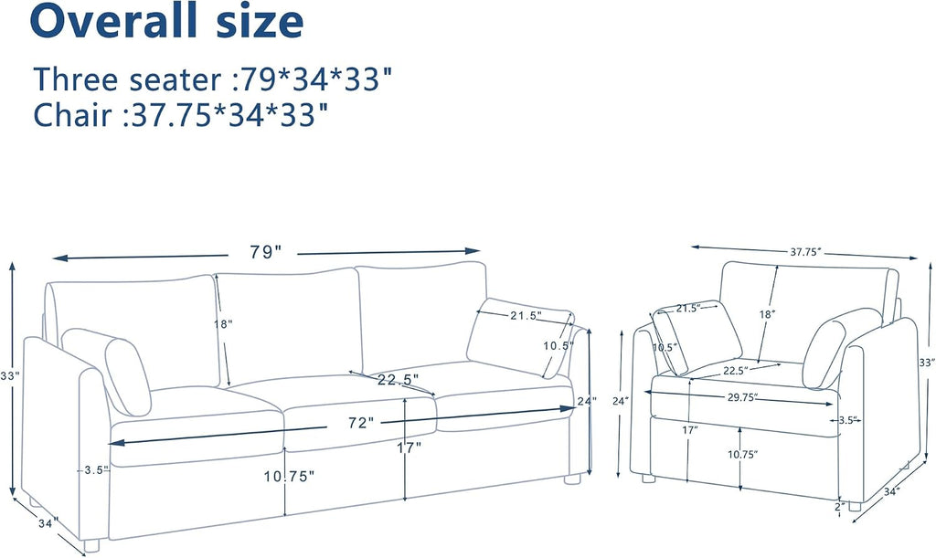 Mofolit Sofa Set for Living Room Corduroy Couch Sets 3 Seater and Single Chair, Sofas for Apartment and Small Spaces (Beige, Sofa Set)