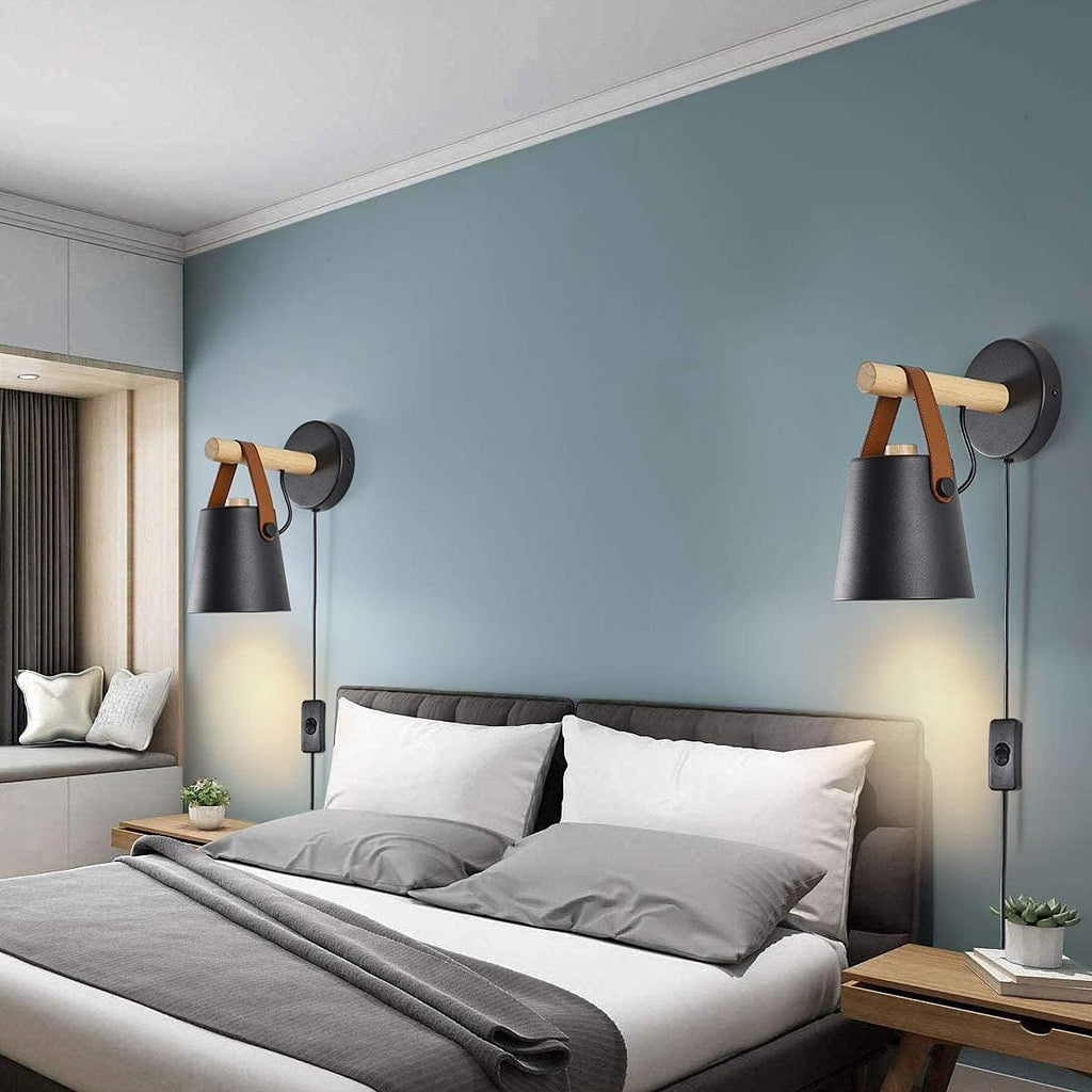 Wall Lamps for Bedroom Black Plug in Wall Sconces Indoor Wall Lighting fixtures Industrial E26 lamp Holder with Wooden and Leather lamp Wall for Nightstand Vanity Mirror or Farmhouse Aisle Corridor