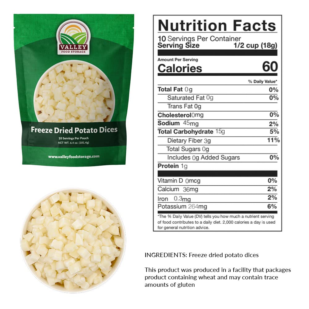 Valley Food Storage Freeze Dried Diced Potatoes | 10-Bag Bucket, 64 oz | Premium Emergency Food Supply | Non-GMO Survival Food, 25 Year Shelf Life | Prepper Supplies, Camping Food & Off-Grid Living | Packaged in USA