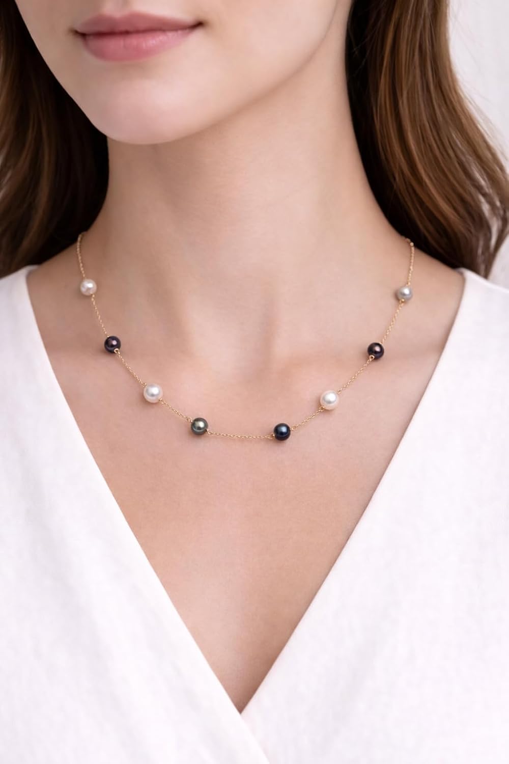 Belacqua Cultured Freshwater Pearl Station Necklace in 10K White or Yellow Gold,Size 6MM-7MM, 18 Inches Dainty Cable Chain, Real Jewelry for Women, Gift Box Included