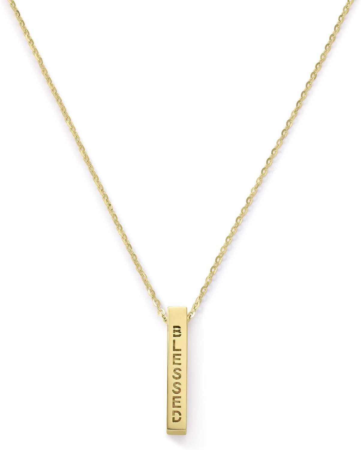 Amanda Rose Collection 10K & 14K Yellow Gold Hope Believe Faith Blessed Rectangular Bar Pendant Necklace for Women, Adjustable 16–18 Inch Cable Chain with Lobster Clasp