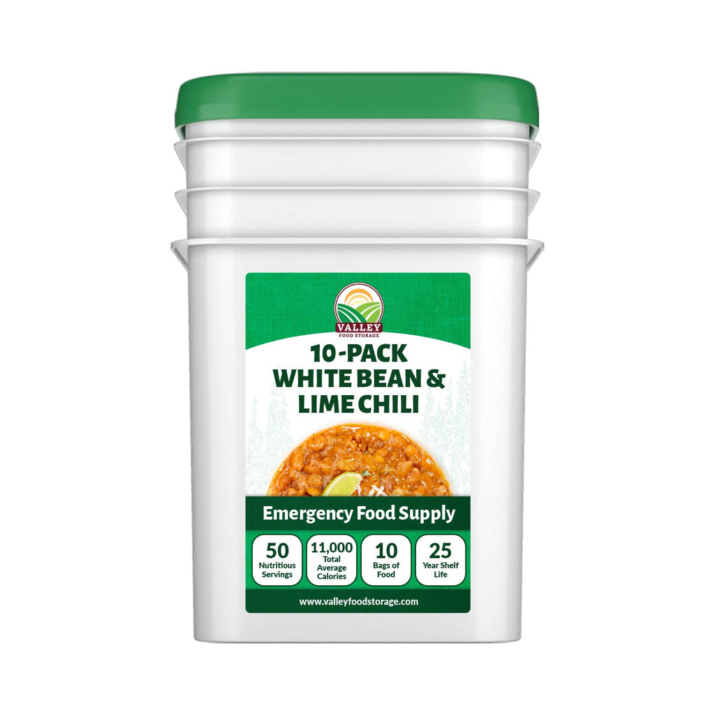 Valley Food Storage White Bean & Lime Chili | 10-Bag Bucket, 50 Servings | Premium Emergency Food Supply, 25 Year Shelf Life | Survival Meal Kits, Prepper Food & Off-Grid Living Supplies, Packaged in USA