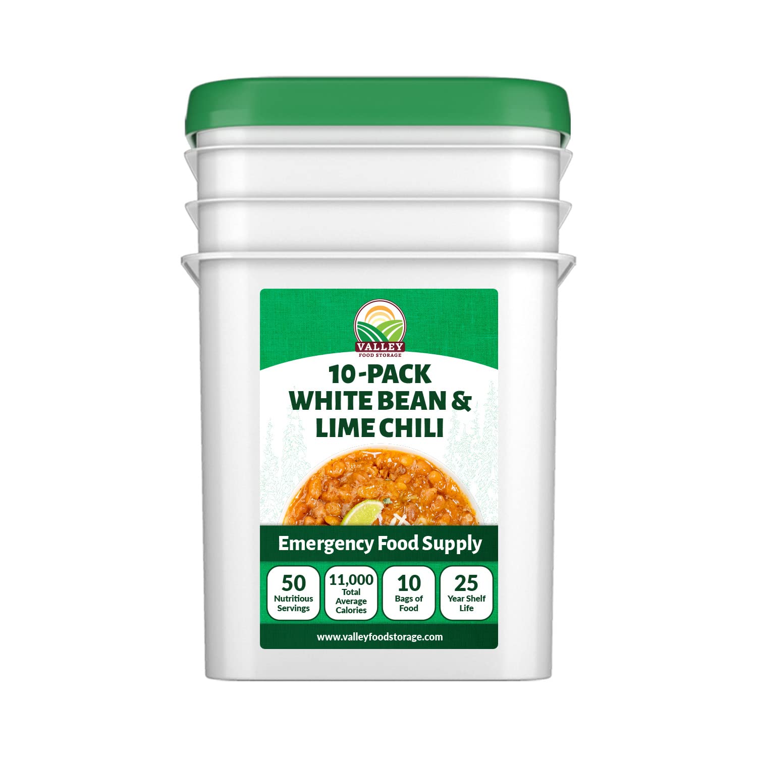 Valley Food Storage White Bean & Lime Chili | 10-Bag Bucket, 50 Servings | Premium Emergency Food Supply, 25 Year Shelf Life | Survival Meal Kits, Prepper Food & Off-Grid Living Supplies, Packaged in USA