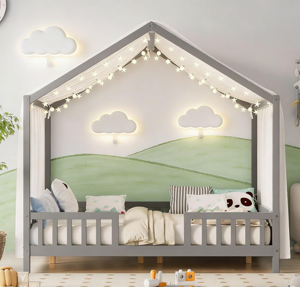 Bellemave Full House BedFrame with Canopy, Montessori Floor Bed, House Bed with Rails for Kids, Gray