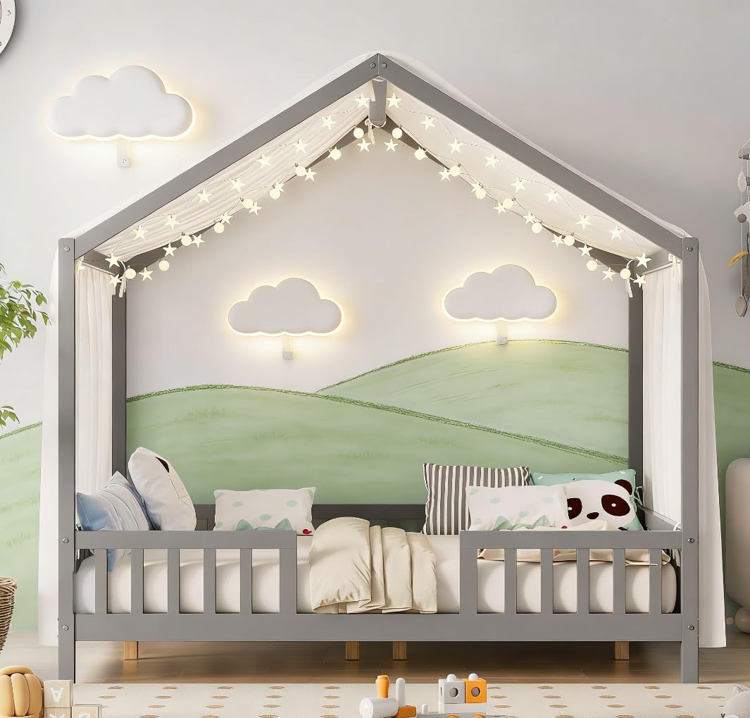 Bellemave Full House BedFrame with Canopy, Montessori Floor Bed, House Bed with Rails for Kids, Gray