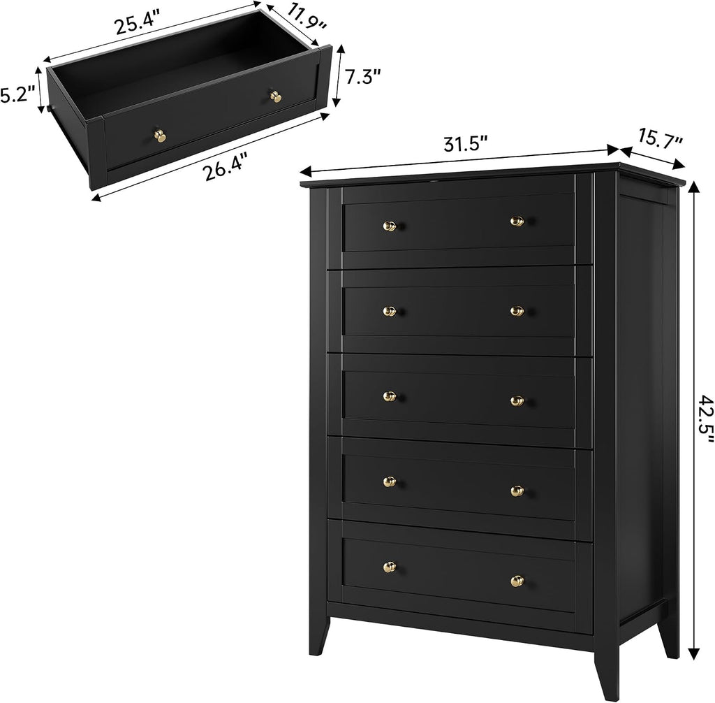 IDEALHOUSE Black 5 Drawer Dresser for Bedroom, Tall Dresser with Deep Drawers & Metal Knobs, Modern Wooden Chests of Drawers for Entryway, Hallway