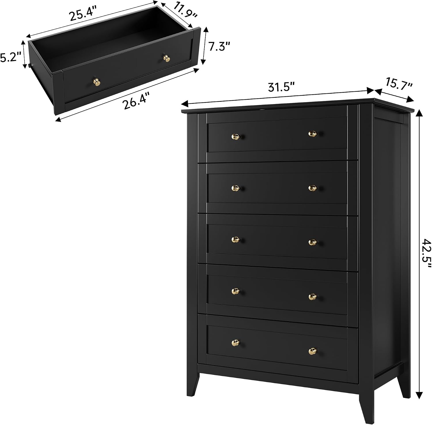 IDEALHOUSE Black 5 Drawer Dresser for Bedroom, Tall Dresser with Deep Drawers & Metal Knobs, Modern Wooden Chests of Drawers for Entryway, Hallway