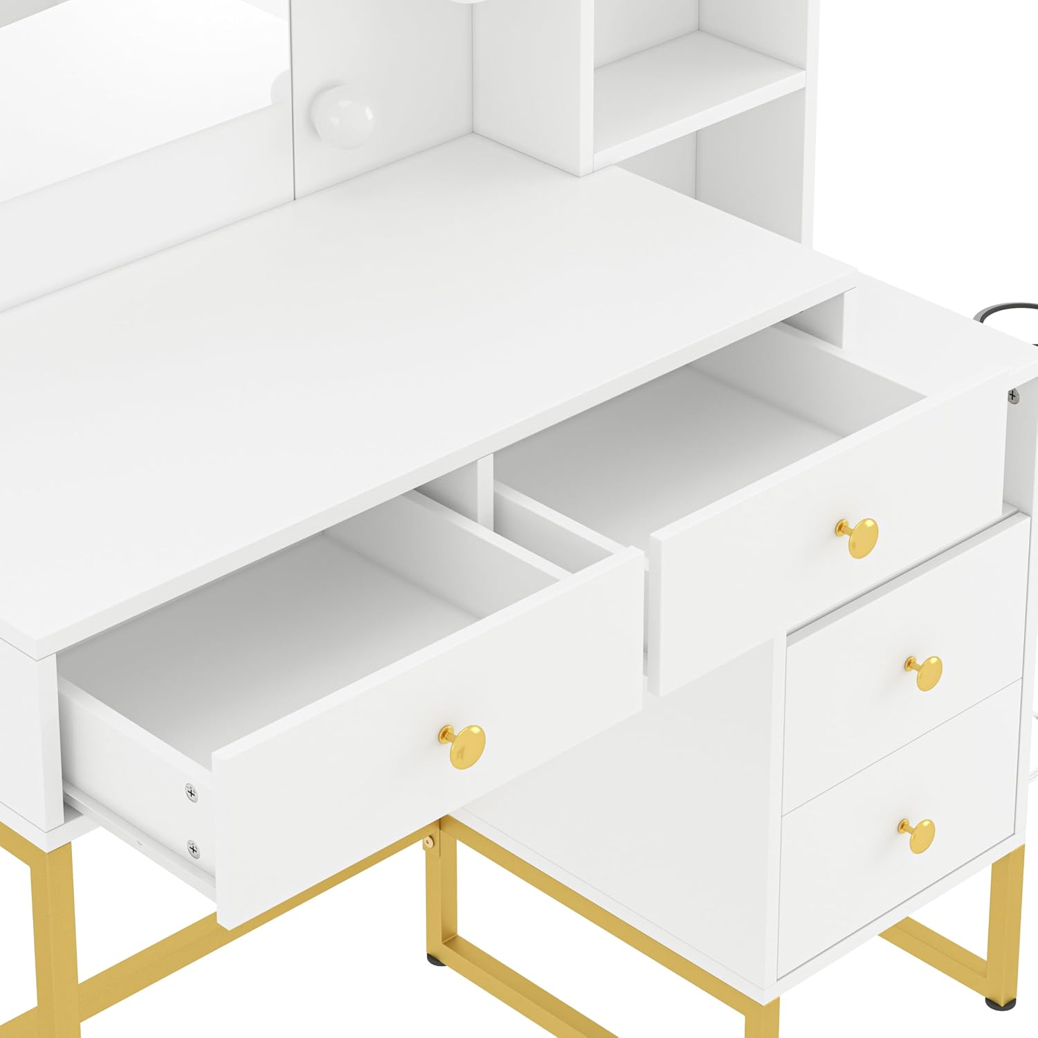 Modern Vanity Desk with HD Mirror and Lights, Makeup Table with 4 Drawers and Glass Cabinet, 3 Lighting Color Adjustable, Girls Dressing for Bedroom
