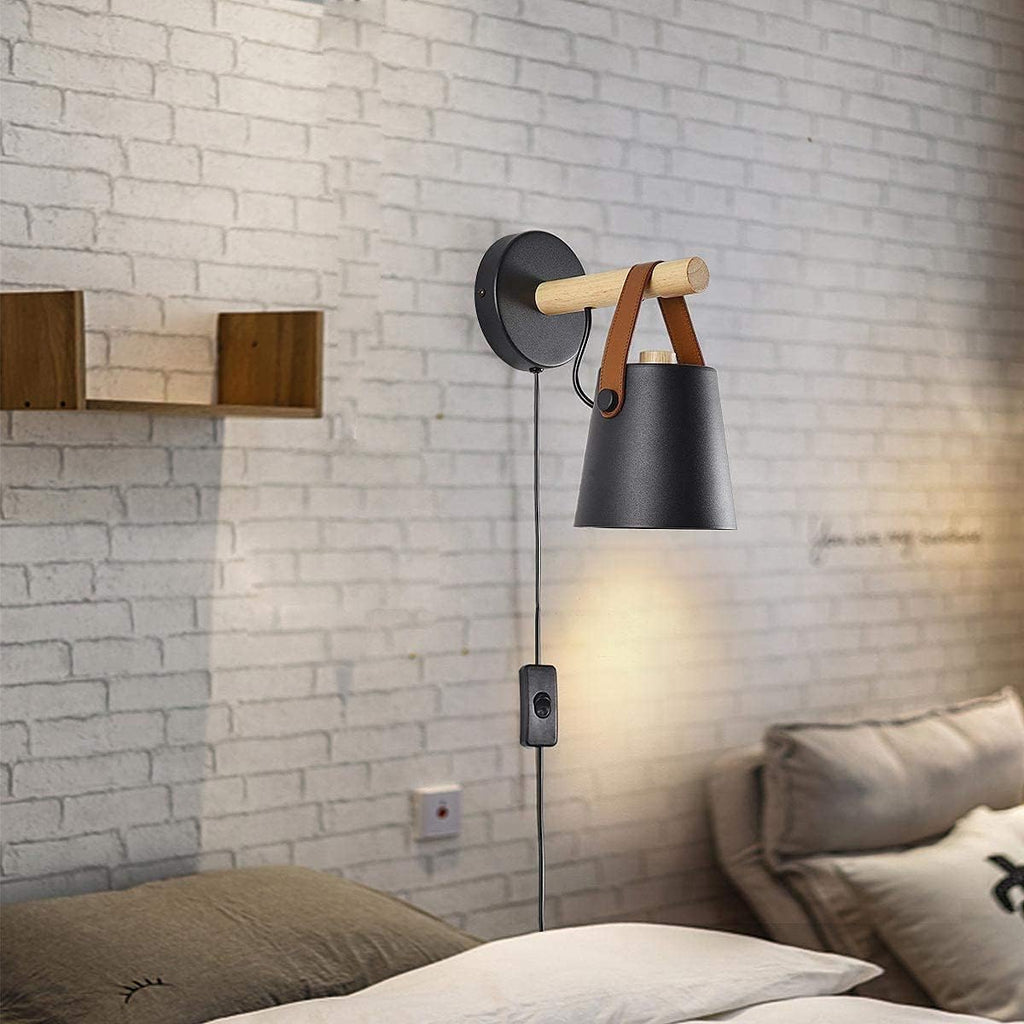 Wall Lamps for Bedroom Black Plug in Wall Sconces Indoor Wall Lighting fixtures Industrial E26 lamp Holder with Wooden and Leather lamp Wall for Nightstand Vanity Mirror or Farmhouse Aisle Corridor