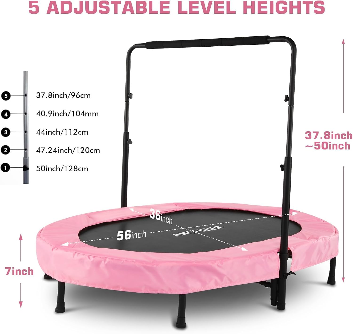 Trampoline for Kids, Toddler Trampoline Indoor Sports and Outdoor Games 56' Kids Rebounder 220LBS Capacity with Adjustable Safety Handrail Foldable Jumper for Boy Girls ASTM Certified