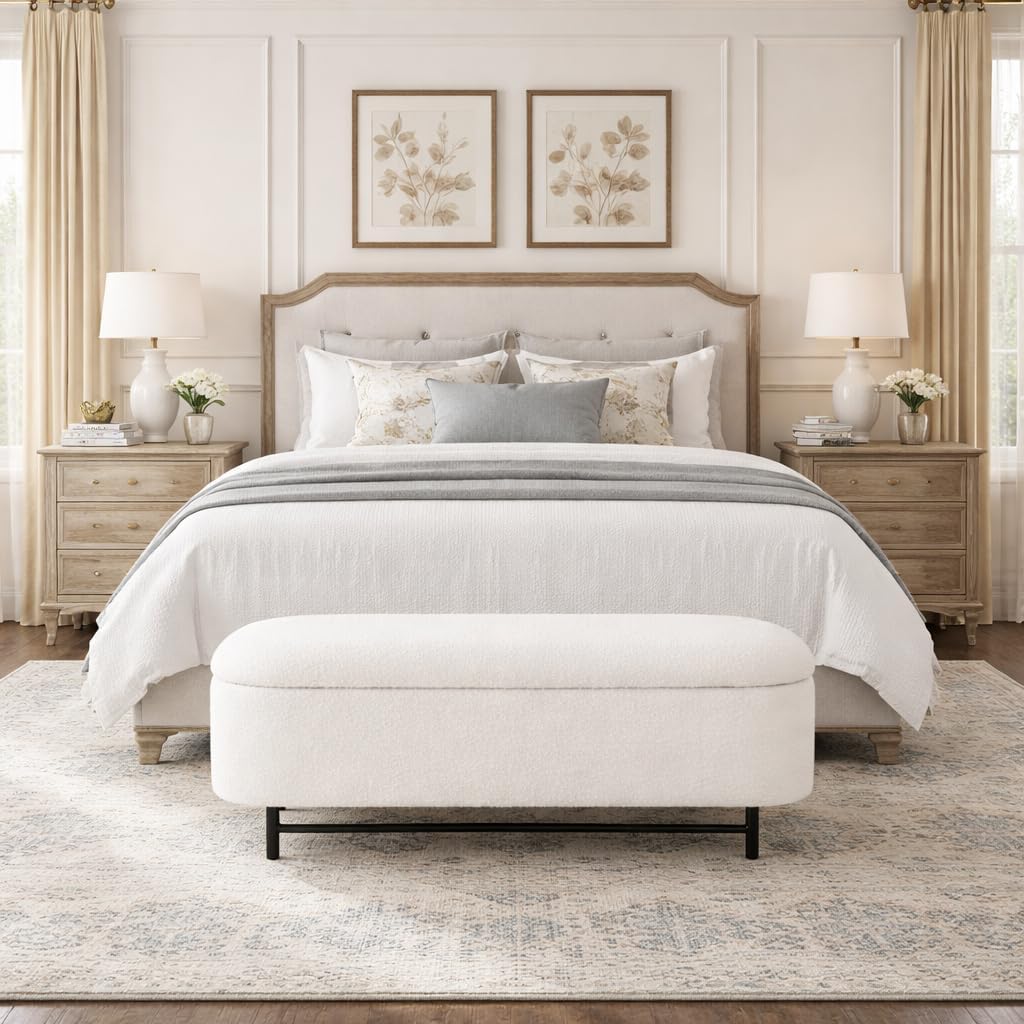 HomePop 46' Ellipse Storage Bench with Metal Legs - Cream Boucle