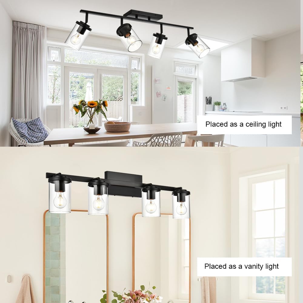 BONLICHT Ceiling Spotlights Track Lighting Kit 4 Light Bathroom Vanity Lighting Black Modern Multi-Directional Ceiling Mount Fixture Industrial Farmhouse Sconces Wall Mount Lamp with Clear Glass Shade