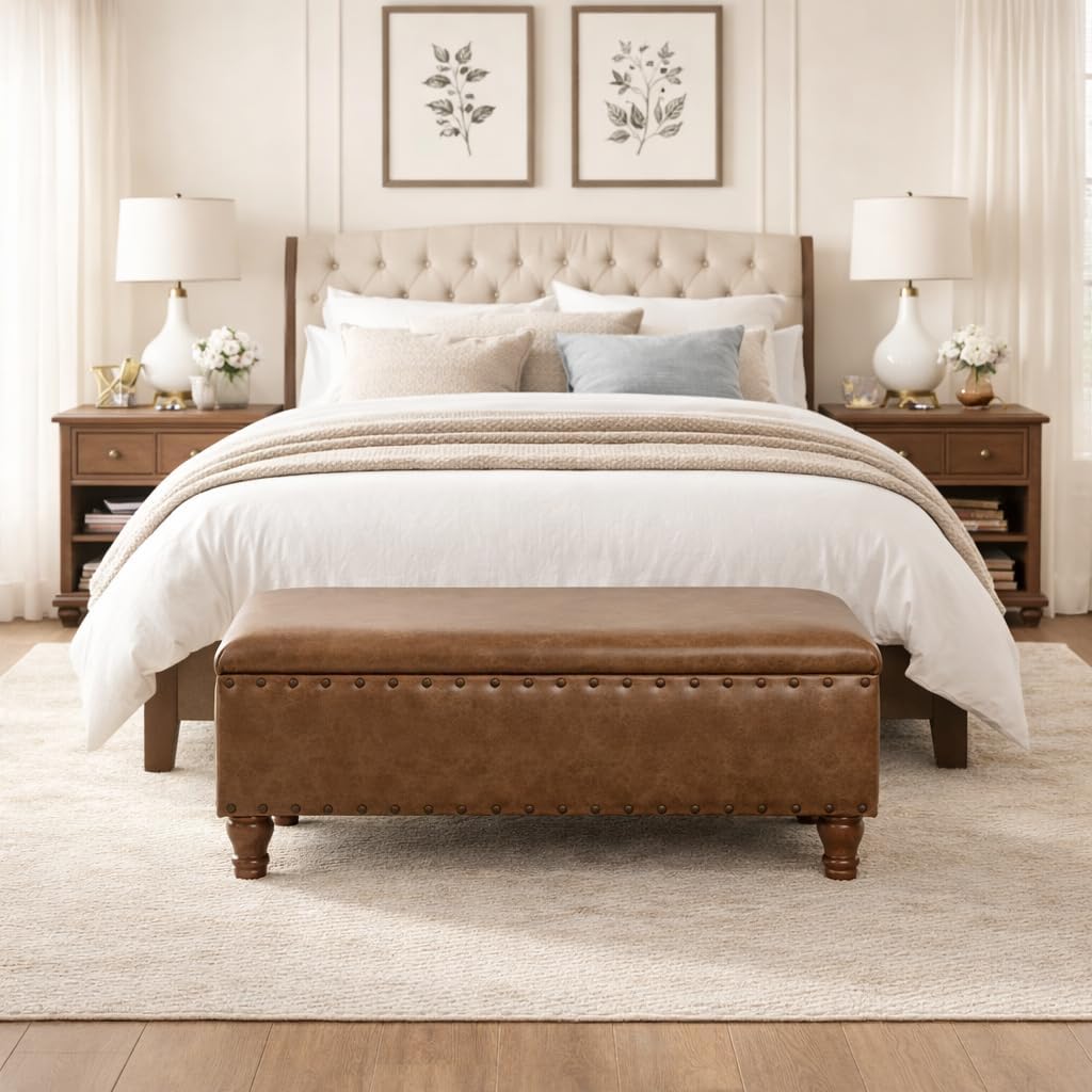 Homepop Home Decor | Upholstered Bench with Nailhead Trim | Large Faux Leather Ottoman with Storage for Living Room & Bedroom | Decorative Home Furniture, Brown Faux Leather