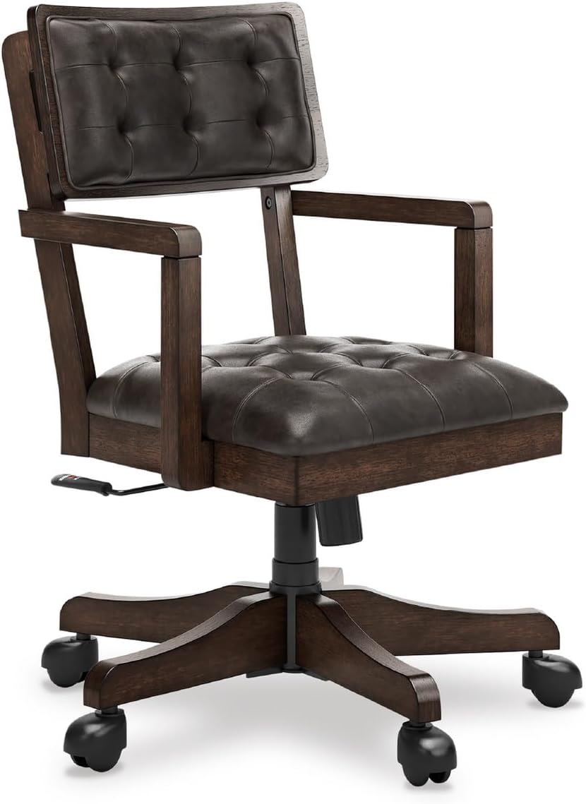 Signature Design by Ashley Breckington Contemporary Faux Leather Tufted Home Office Desk Chair with Adjustable Height and Casters, Solid Wood, 28.75' W x 28.75' D x 38' H, Dark Brown