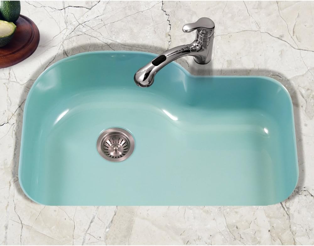 Houzer PCH-3700 MT Porcela 31 Inch Enamel Steel Kitchen Sink, Undermount, Single Bowl Offset, Cabinet Compatibility, Non Porous Surface Impervious to Cracks and Chips, Mint