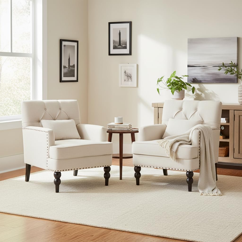 HUIMO Tufted Club Chair Set of 2 with Lumbar Pillow,Accent Chair Upholstered Button Armchair, Linen Fabric Sofa Chairs for Bedroom, Living Room, Mid Century Modern Reading Chair,Beige