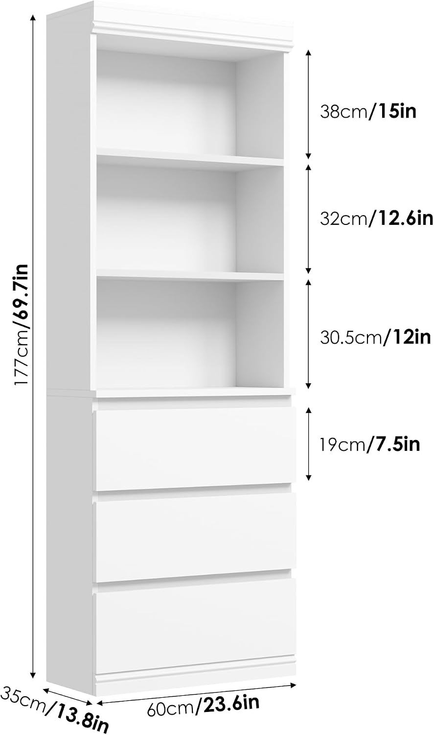 GarveeHome 70 in Bookcase with Drawers, Tall Bookshelf Farmhouse Bookcases Wooden Deep Bookshelves Storage Cabinet Organizer for Living Room, Study, Kitchen, Home Office(A-White)