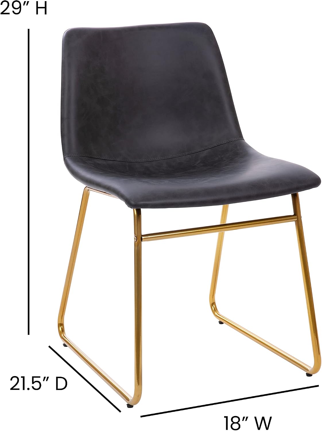 Flash Furniture Butler 18' LeatherSoft Dining Table Height Chairs, Mid-Century Modern Bucket Style Dining Chairs, Set of 2, Dark Gray/Gold