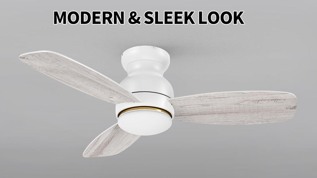 Carro 44 Inches White Ceiling Fan with Light Flush Mount, DC 10 Speeds Silent Ceiling Fan with Remote, 3 Dual Finish Blades, 3 Light Colors Dimmable, for Living Room, Bedroom