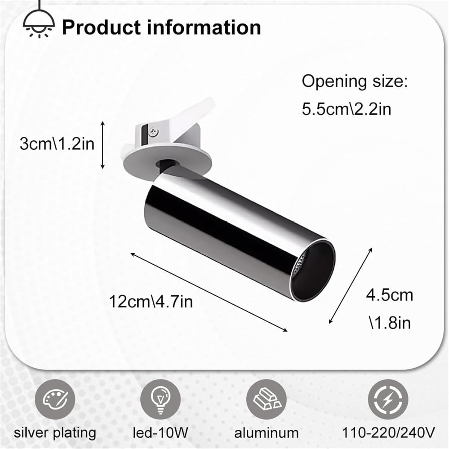 Chrome Ceiling Spotlight LED Adjustable Flush Mount Spot Lamp Recessed Spotlights Aent Fixture for Living Room Bedroom Artwork Display Spotlight Indoor Downlight(3000K,5.5 * 12cm)