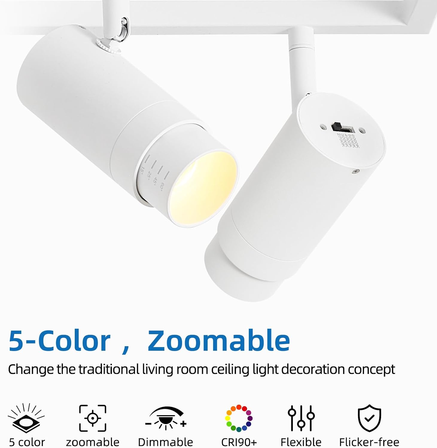 5-Color LED Track Lighting Kit, 15°-60° Zoomable Track Light Fixture Ceiling Head Dimmable 6-Lights 2700k-6000K Selectable Flexibly Rotatable for Accent Lighting, Kitchen, Living Room White