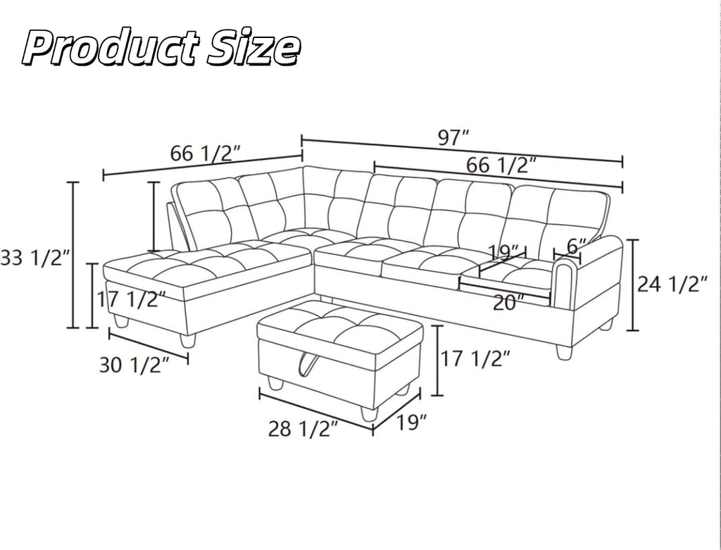 L-Shaped Sectional Sofa with Movable Chaise & Storage Ottoman, Leather 3-Piece Modular Convertible Couches for Living Room, Apartment & Office, Dark Black