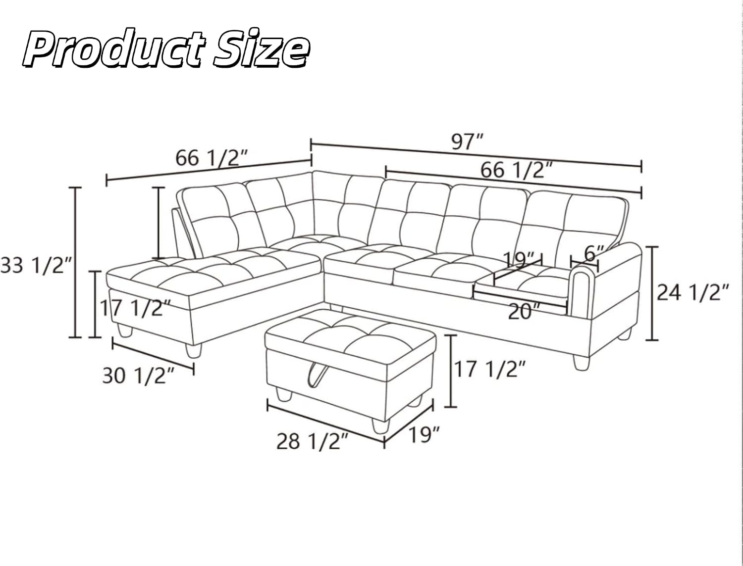 L-Shaped Sectional Sofa with Movable Chaise & Storage Ottoman, Leather 3-Piece Modular Convertible Couches for Living Room, Apartment & Office, Dark Black