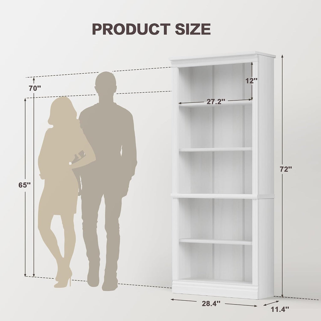 Shahoo 72' Bookcase and Bookshelf, 5-Tier Wood Bookcases with Shelves, Tall Floor Standing Book Shelf Storage Cabinet Home Decor Furniture for Living Room, Home Office 2 Pcs, White