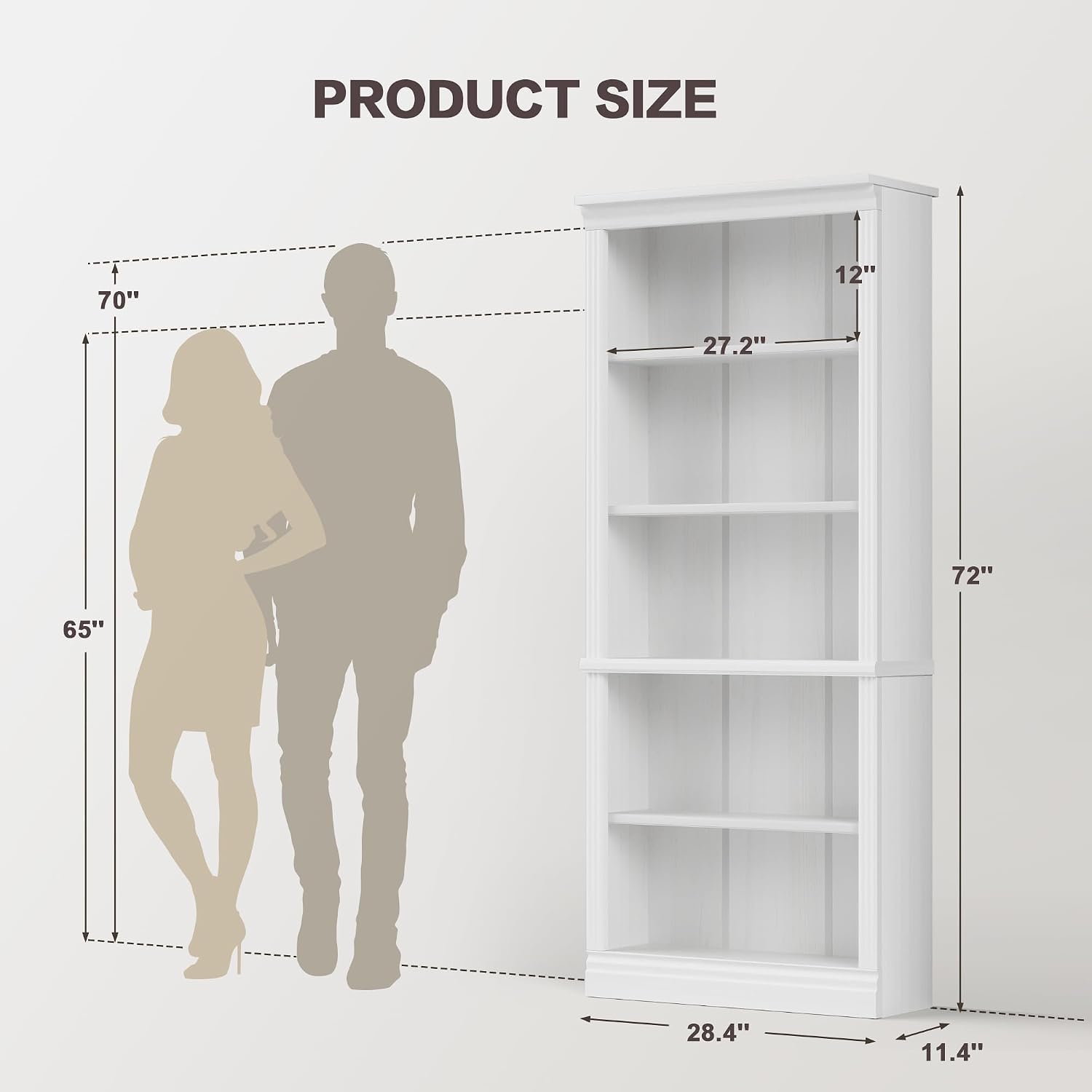 Shahoo 72' Bookcase and Bookshelf, 5-Tier Wood Bookcases with Shelves, Tall Floor Standing Book Shelf Storage Cabinet Home Decor Furniture for Living Room, Home Office 2 Pcs, White