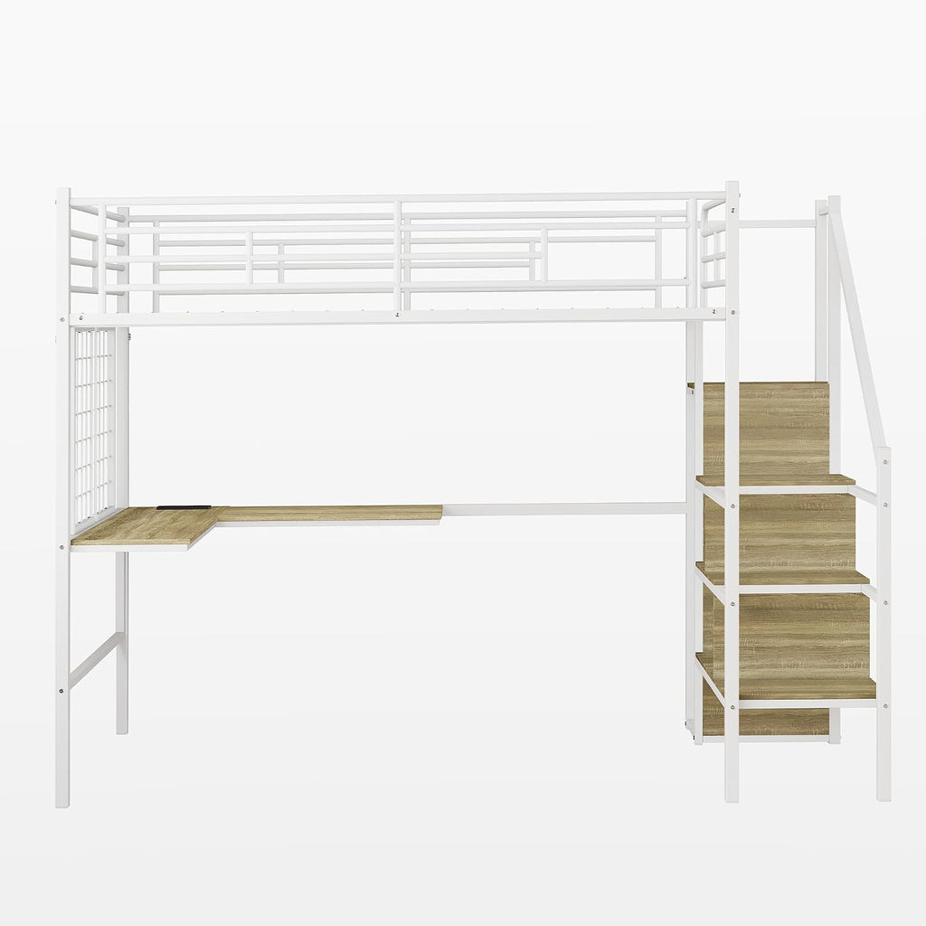 Twin Size Metal Loft Bed with L-Shaped Desk & Storage Wardrobe, Heavy Duty Bed Frame w/Reversible Stairs (Built-in Storage) + USB Port, Space-Saving Noise-Free, No Box Spring Needed