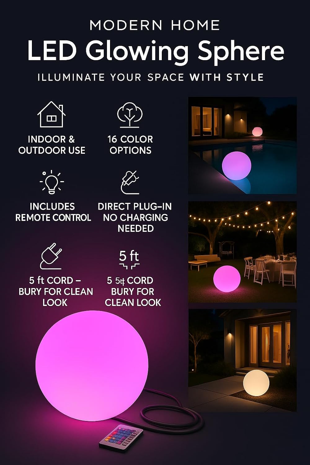 Modern Home Color-Changing LED Glow Ball - 16-Color Remote-Controlled Light Sphere w/Power Cord – Indoor/Outdoor Ambient Mood Lighting, Waterproof, Plug-in (20')