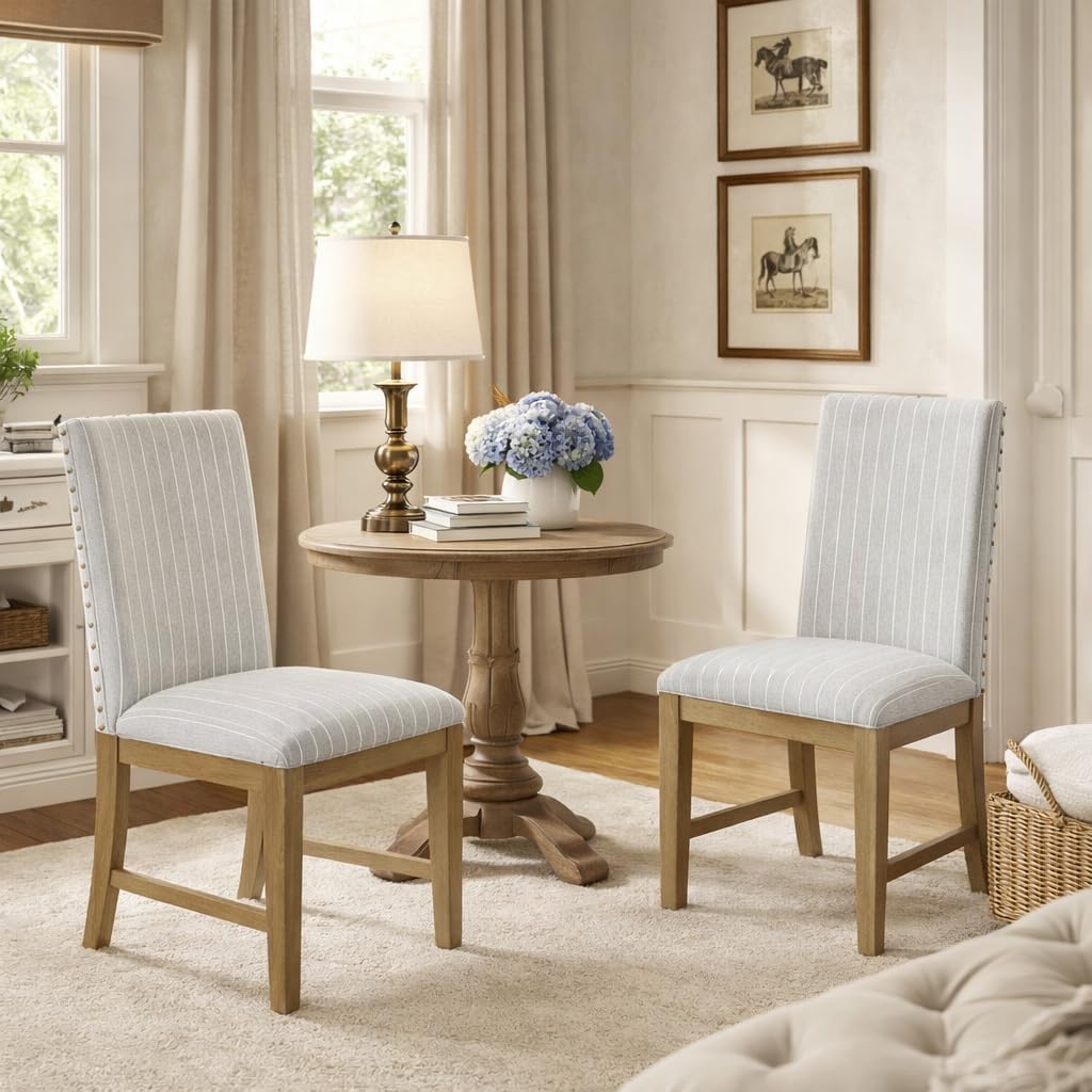 HomePop Upholstered Wood Apron Dining Chair - Light Gray Stripe (Set of 2)