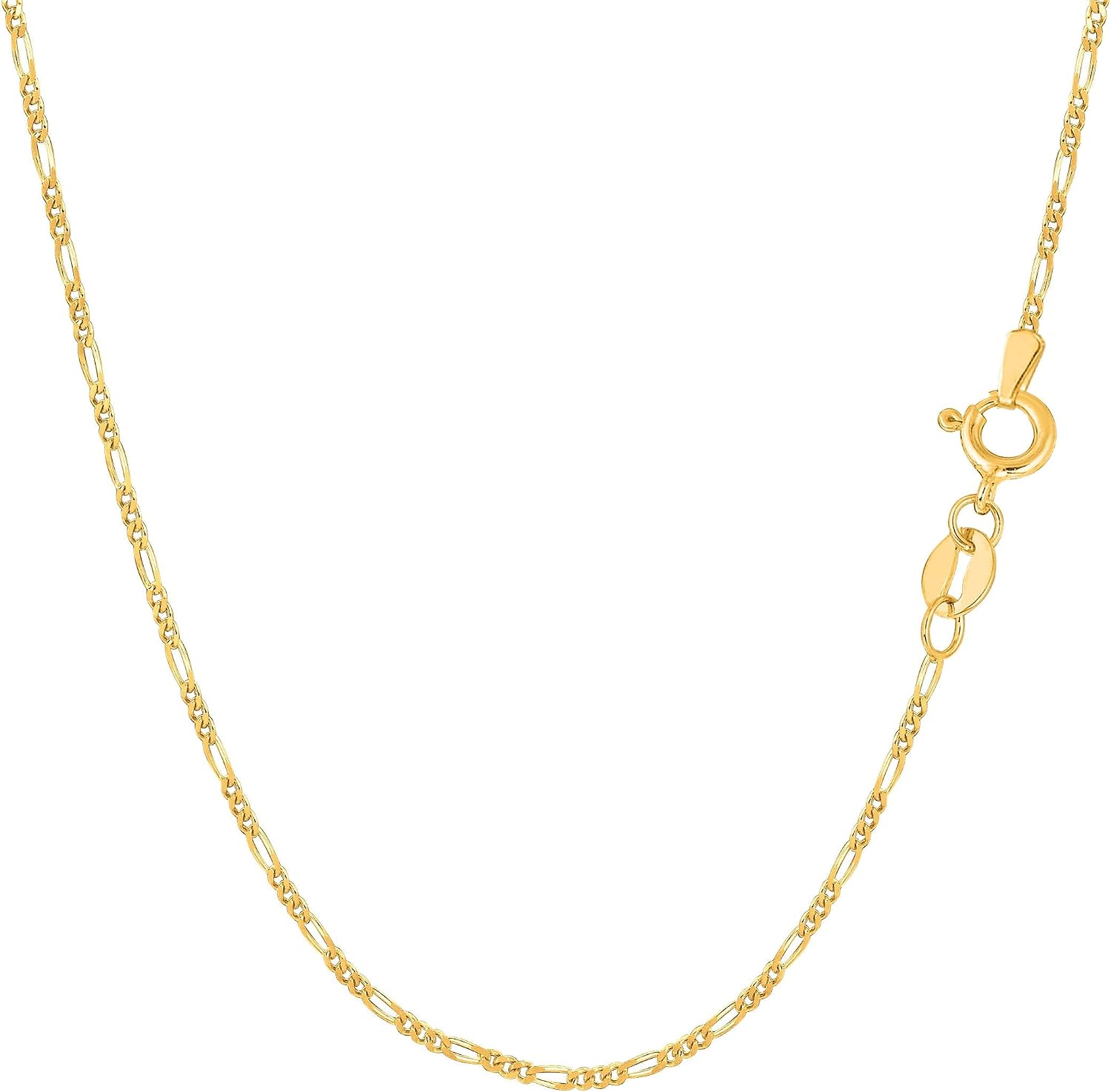 Jewelry Affairs 14k Yellow Solid Gold Figaro Chain Necklace, 1.3mm