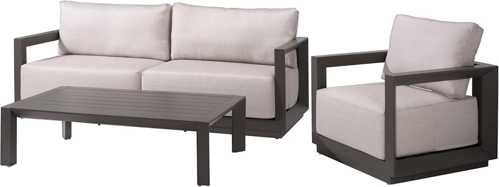 SAFAVIEH Couture Outdoor Patio Furniture Collection - Donaldo Accent Chair, Dark Grey Aluminum Frame with Beige Cushions, Fully Assembled (CPT4010A)