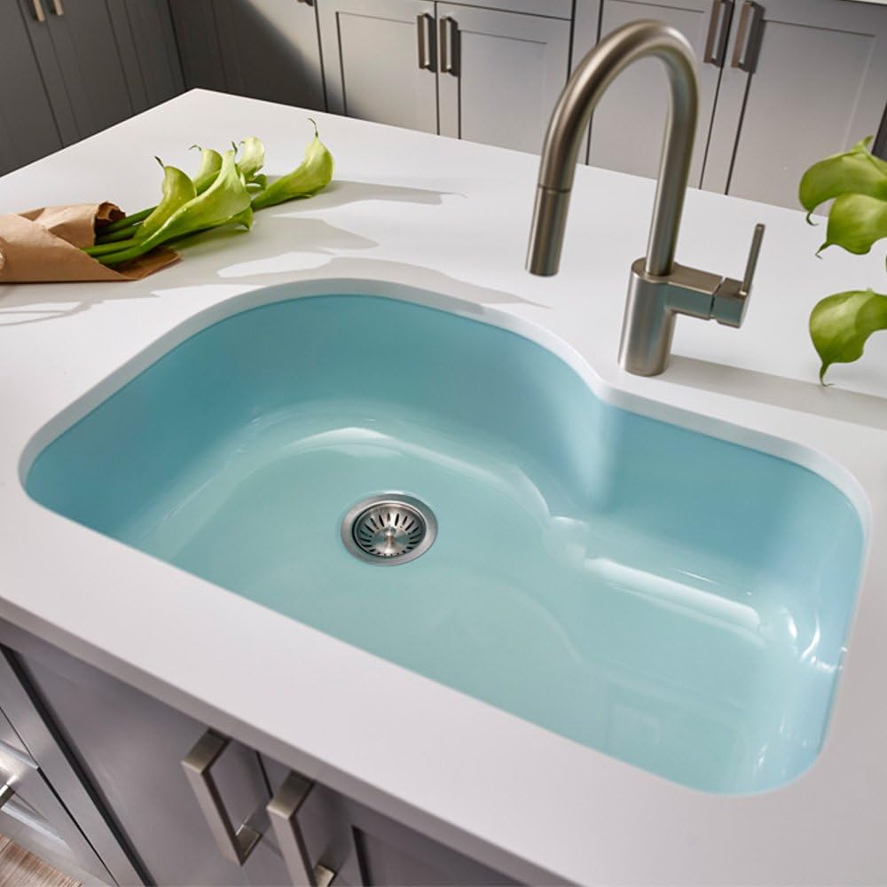 Houzer PCH-3700 MT Porcela 31 Inch Enamel Steel Kitchen Sink, Undermount, Single Bowl Offset, Cabinet Compatibility, Non Porous Surface Impervious to Cracks and Chips, Mint