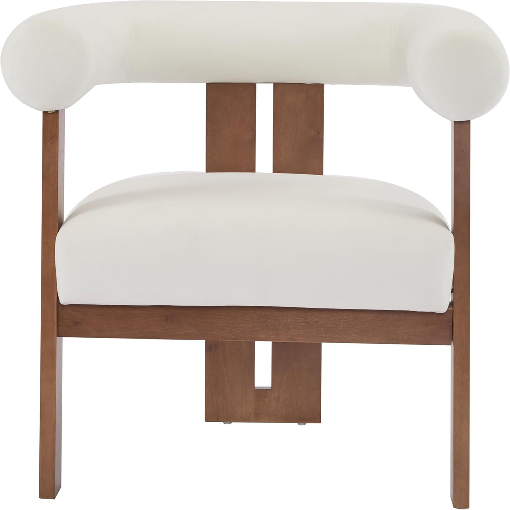 Christopher Knight Home Modern Velvet Upholstered Accent Chair for Living Room, Home Office, Apartment, Arm Chair with Curve Backrest and Birch Wood Legs, Three Legs Structure, White and Brown