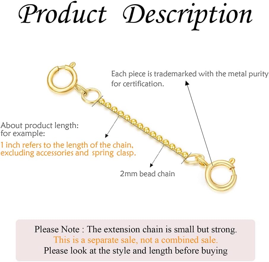 10k 14k Real Gold 1'/1.5'/2'/2.5'/3'/4'/5' Necklace Extender, Necklace Bracelet Extender Chain, Durable Gold Extender Chain, Adjustable Extension Chain for Necklace Bracelet Anklet