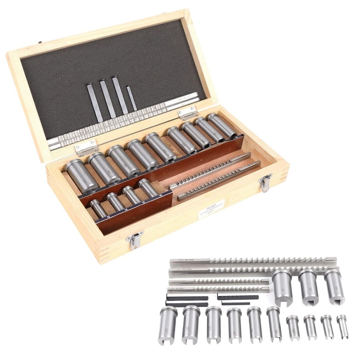 Machinery Keyway Tools 22 Pcs Keyway Broach Set in Fitted Box, Industrial Tools Metric Size Broaching Cutter Collared Bushing Shim Set W/ 4 Pcs Broach & 13 Collared Bushing & 5 Gaskets