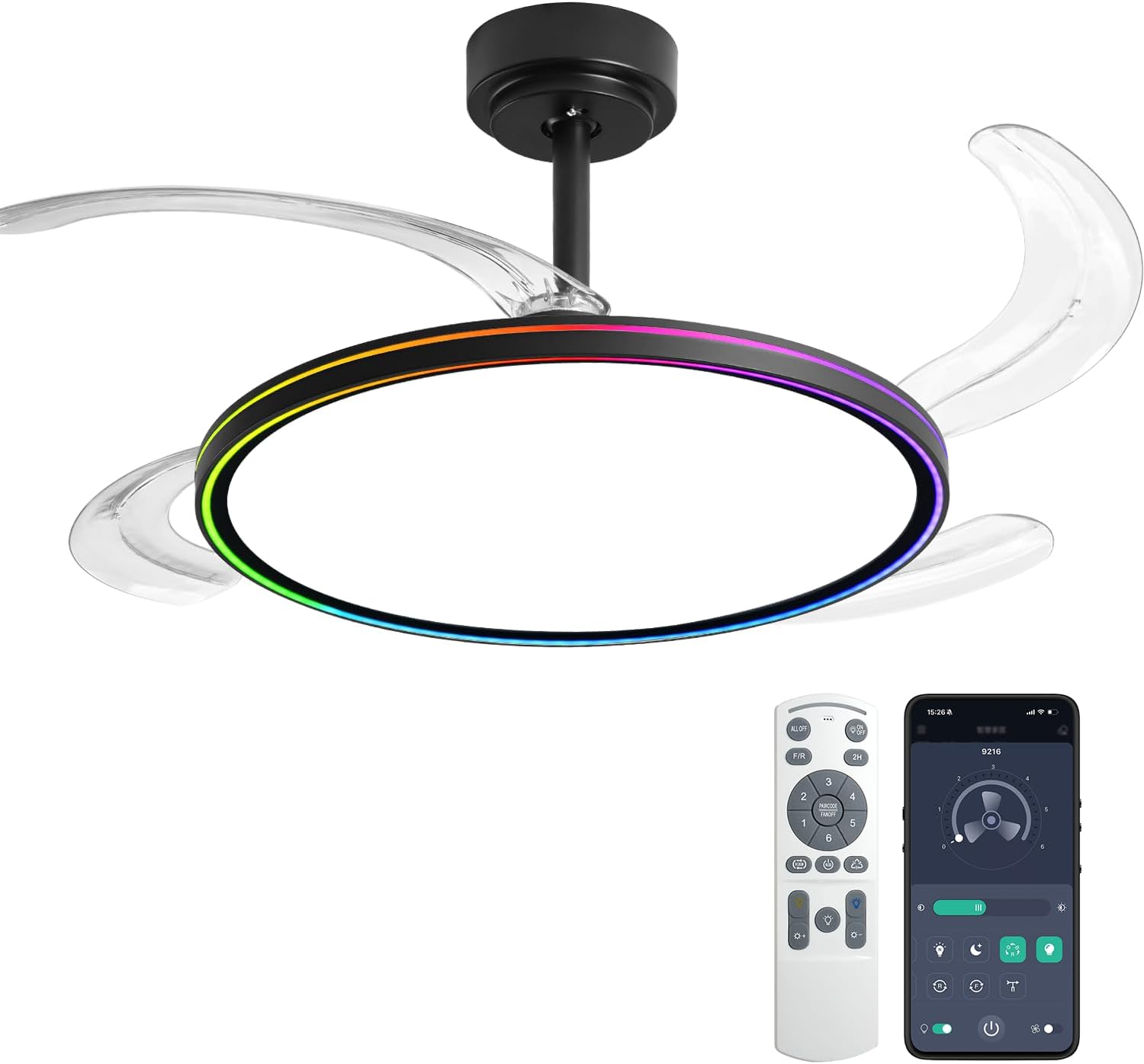 BAYSQUIRREL Slim Retractable Ceiling Fan, 42 Inch Low Profile Ceiling Fan with Remote Control, Dimmable Full Spectrum with Memory, 6-Speed Reversible Fan, Black