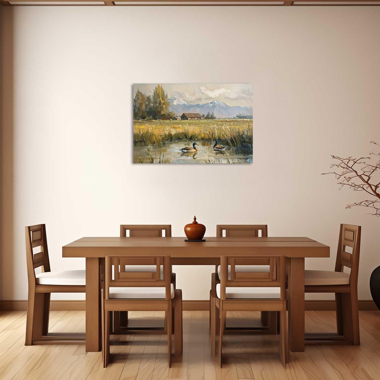ZXHYWYM Mallard Duck Wall Art Vintage Animal Pictures Farmhouse Countryside Landscape Canvas Painting Duck in Pond Poster Prints Rustic Cabin Wall Decor (28' x 42')