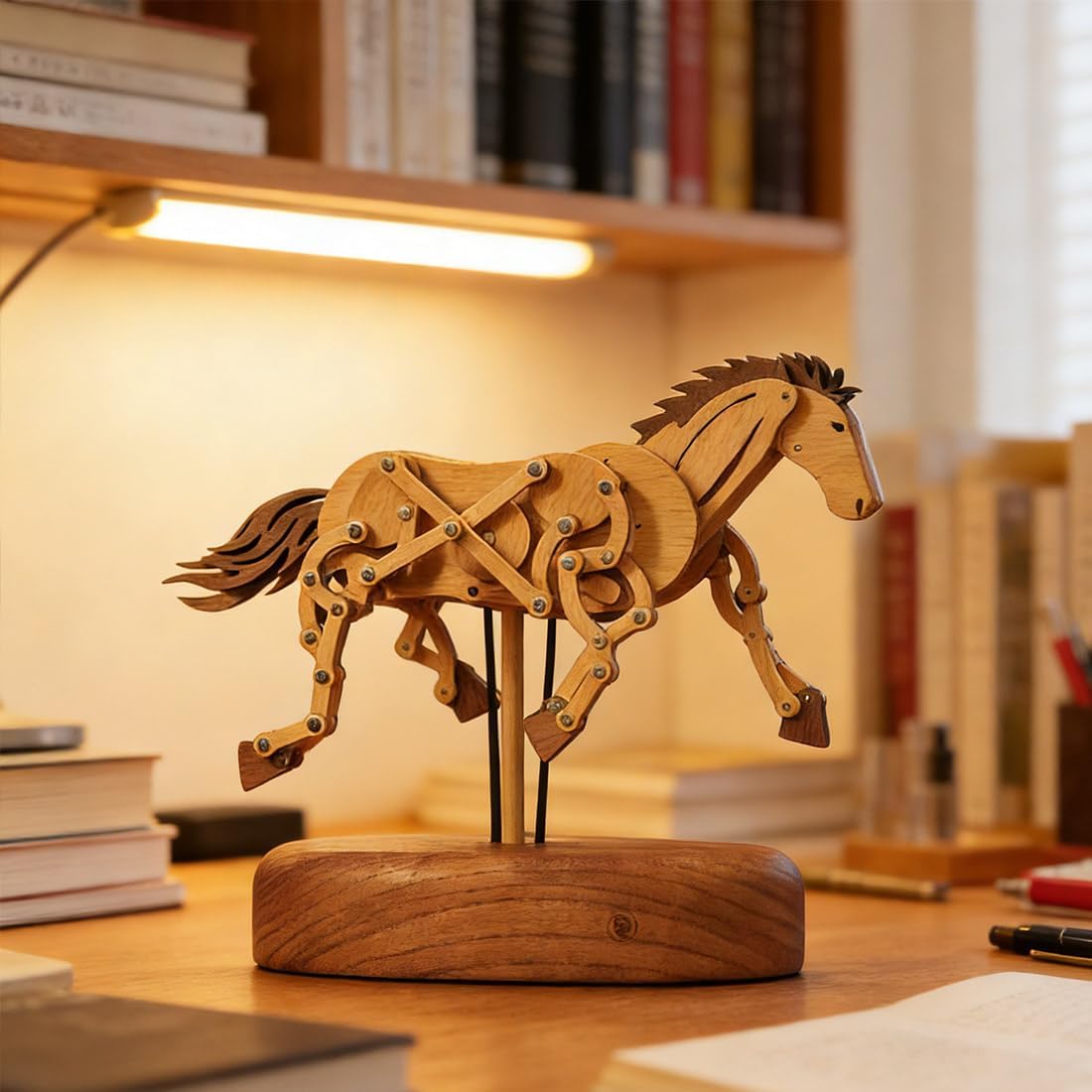 3D Wooden Qianli Horse Dynamic Model, Handmade Animals Sculpture with Traditional Mortise-and-Tenon Assembly, Desktop Relaxation Decor & Art Gift for Adults