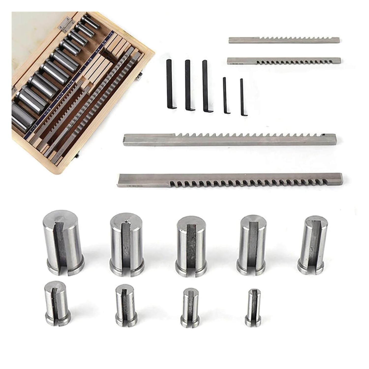 18pcs CNC Keyway Broaches Set Bushing Shim Set 1/2-1-1/2 Broach Bushing Shim Set Inch Sized High Speed Steel Cutting Tool with Precision Ground Teeth