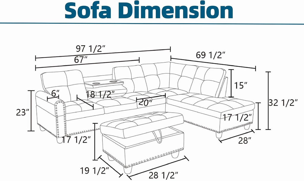 Sectional Couches for Living Room with Movable Chaise & Storage Ottoman - 97.5' Leather L Shaped Couches for Living Room Apartment, Home Modular Sectional Sofas with Cup Holder, Black