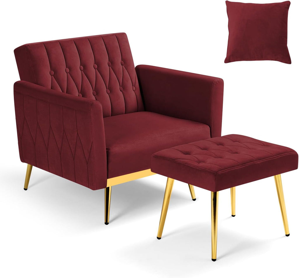 Velvet Accent Chair with Adjustable Armrests and Backrest, Button Tufted Lounge Chair, Single Recliner Armchair with Ottoman and Pillow for Living Room, Bedroom, Red