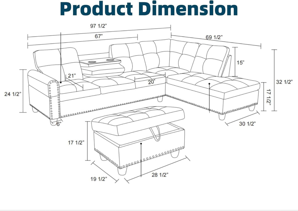 97.5' L Shaped Couch Set, Modular Sectional Couches for Living Room with Storage Ottoman, 4 Seat Home Sofa Living Room Furniture Sets with Chaise for Apartment Office (Linen, Dark Grey)