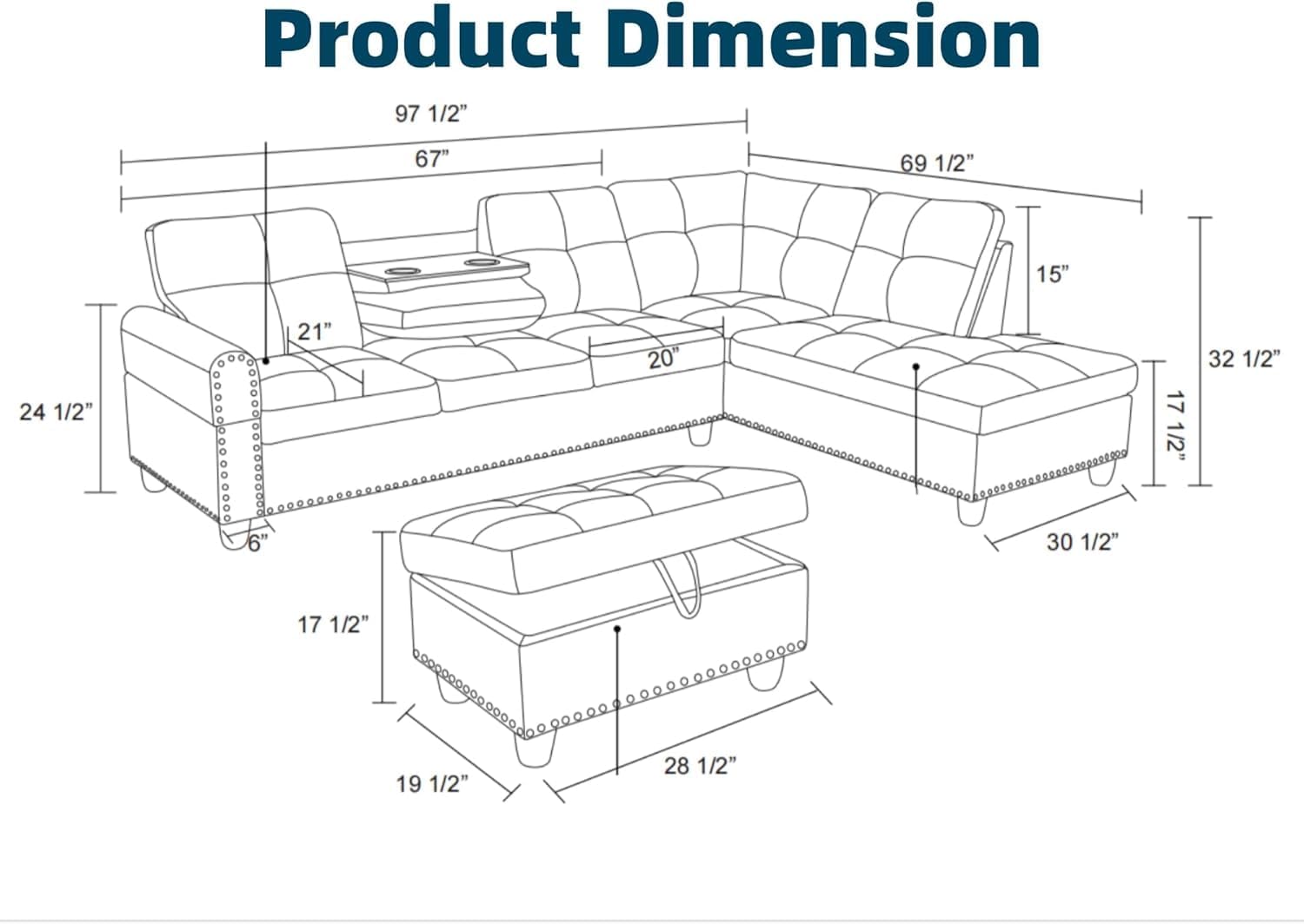 97.5' L Shaped Couch Set, Modular Sectional Couches for Living Room with Storage Ottoman, 4 Seat Home Sofa Living Room Furniture Sets with Chaise for Apartment Office (Linen, Dark Grey)