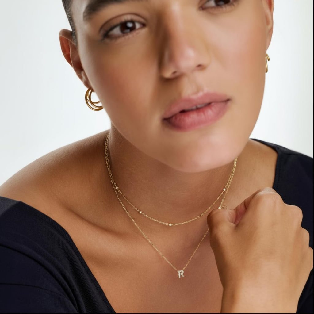 OAK & LUNA - 14K Solid Gold A-Z Initial Necklace with Diamonds – Dainty Diamond Letter Necklace – Custom Fine Jewelry Gift for Women