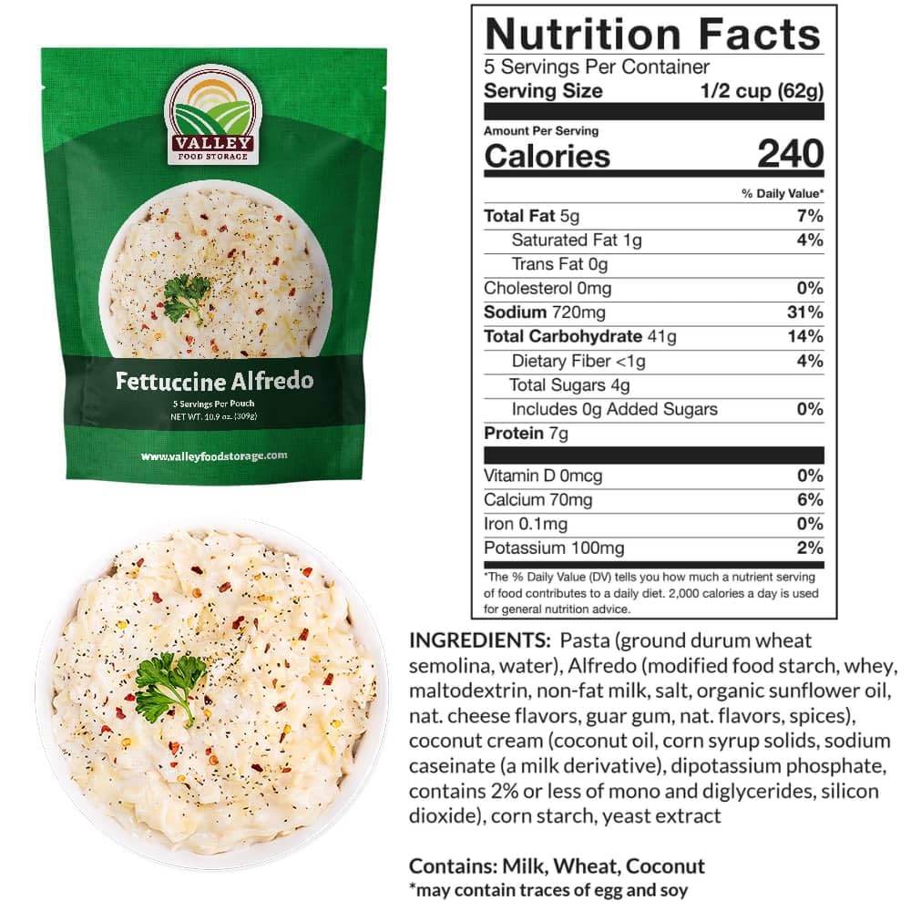 Valley Food Storage Fettuccine Alfredo | 10-Bag Bucket, 50 Servings | Premium Emergency Food Supply, 25 Year Shelf Life | Survival Meal Kits, Prepper Food, Camping & Long Term Food Storage | Packaged in USA