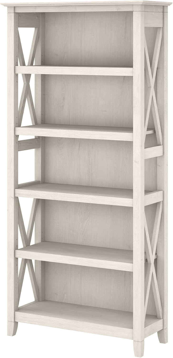Bush Home Tall 5 Shelf Bookcase for Living Room or Home Office, Large Bookshelf, Modern Farmhouse Style, Key West Collection, Linen White Oak